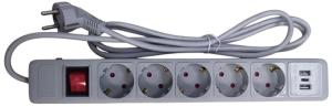 Сетевой фильтр JETT 5 розеток+2USB+TYPE C 2.0 (быстрая зарядка), серый 5м 16А/3,5кВт (1/25)